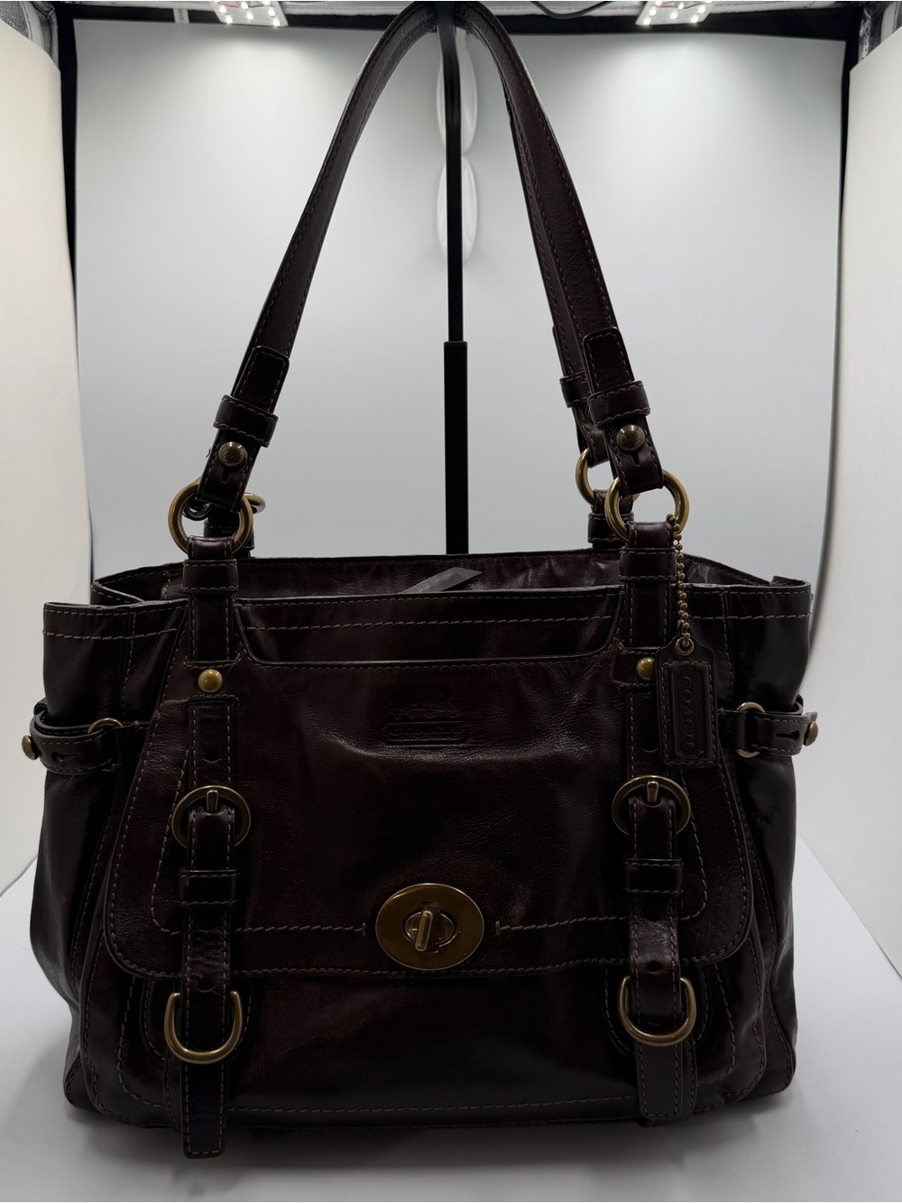 Coach Legacy Garcia Dark Brown Leather Shoulder Bag with Brass Hardware Turnlock